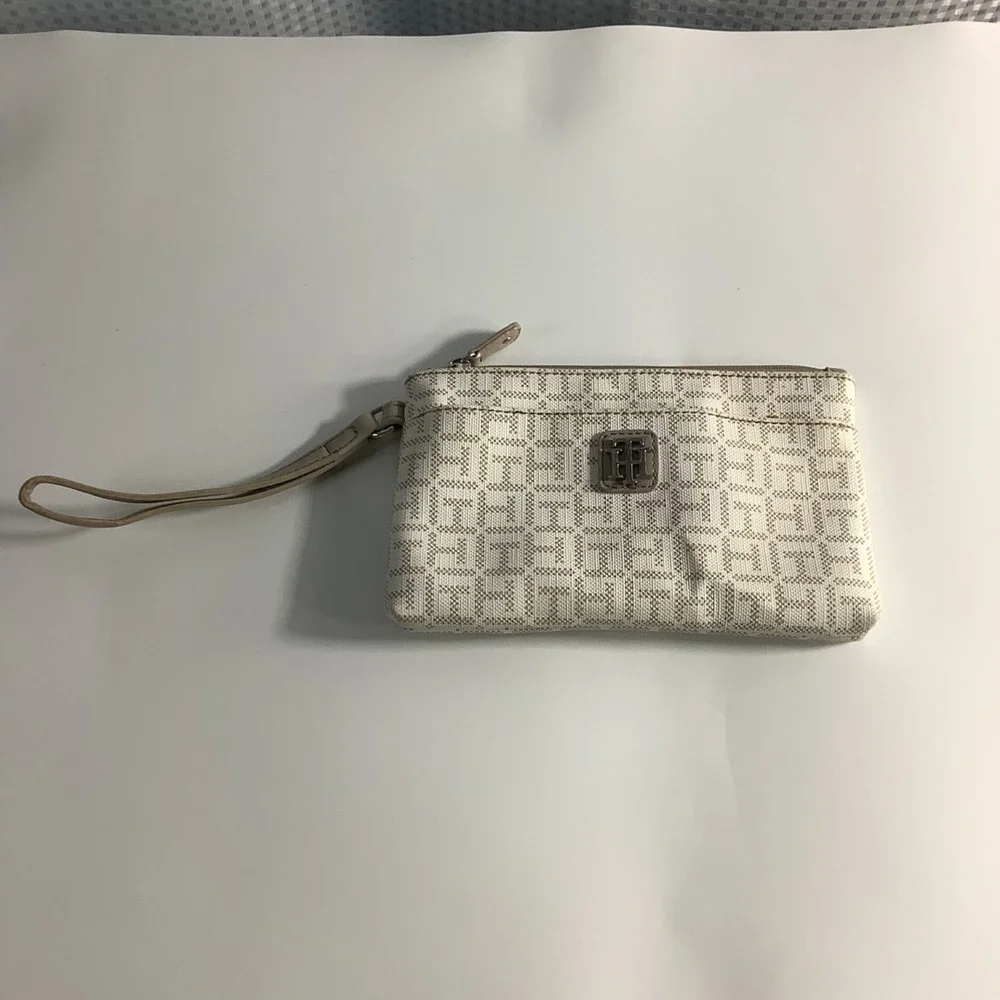 Tommy Hilfiger Women's Logo Printed Medium Wristlet Wallet Clutch Bag White/Tan - Picture 2 of 13